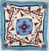 名称：1980-1990年代出口样品
 
类别：丝织品
尺寸：90*90（厘米） 
年代：公元二十世纪八、九十年代
描述：色彩艳丽明快的几何图案纹样，蓝色与紫色的碰撞，符合当时欧美的流行审美。
